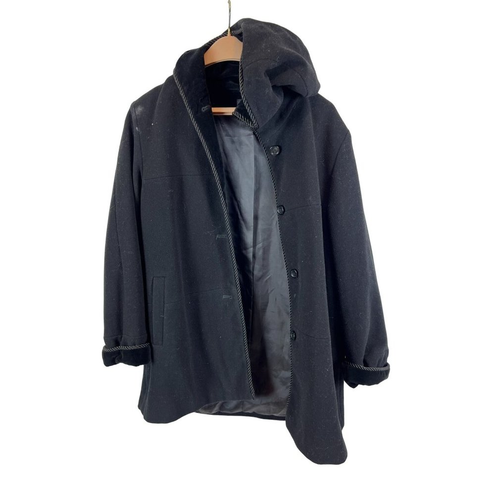 London Fog Hooded Button Up Rope Trim Lined Coat Velvet Black Size 16